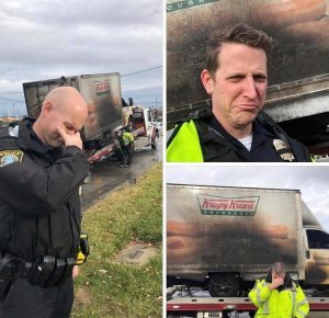 seires of picturs with distraught officers and a burnt krispy kreme truck in the background