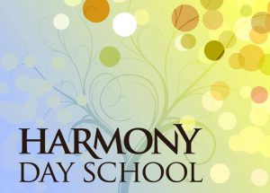 logo that has blues, greens, and yellows that says harmony day montessori school in black