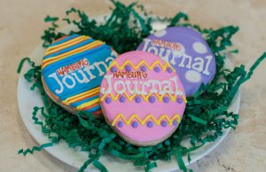 Egg Hunt: cookies in the shape of eggs with colorful icing that says Hamburg Journal
