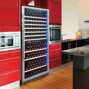Costco: a large fridge with red cabinets