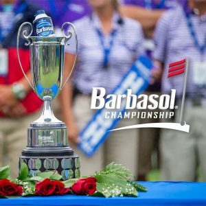 trophy with a barbasol can and a graphic that says Barbasol Championship