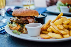 Restaurant: burger and fries on a plate